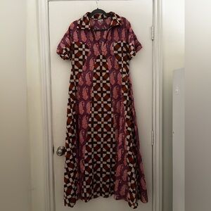 GIMAGUAS Checked Geometric Mixed Print Collard Short sleeve Boho Maxi dress OS